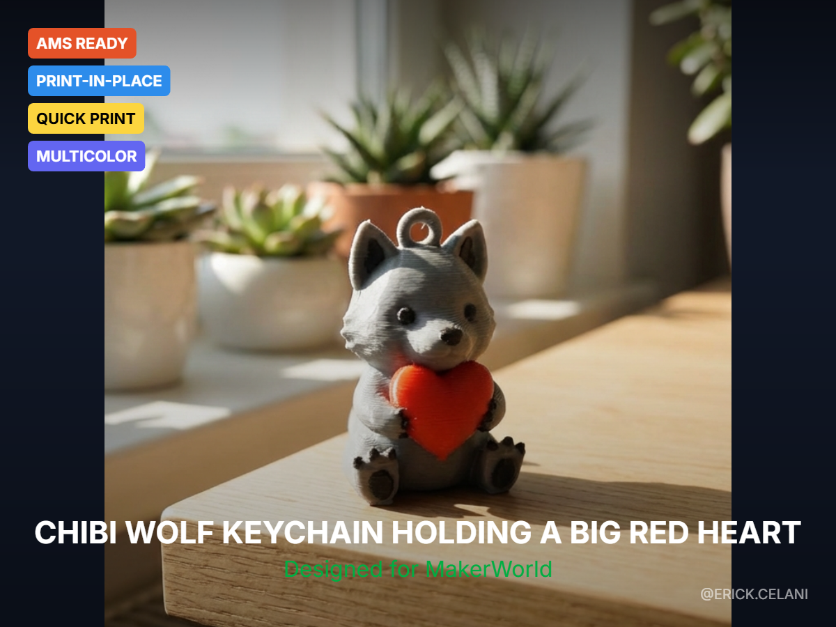 Chibi Wolf Keychain Holding a Big Red Heart