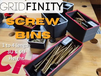 Gridfinity Screw Bins 1 to 4 Length, 3 & 6U Height