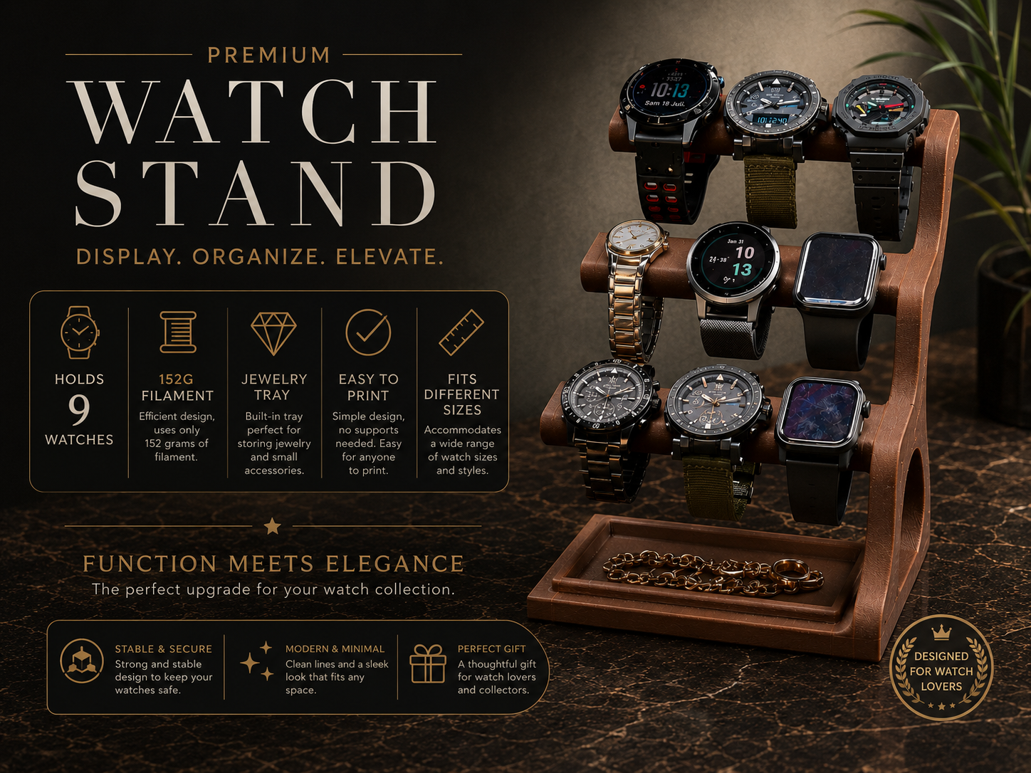 Premium 9-Watch Display Stand with Jewelry Tray