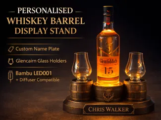Whiskey Barrel Display – Bottle & 2× Glencairn