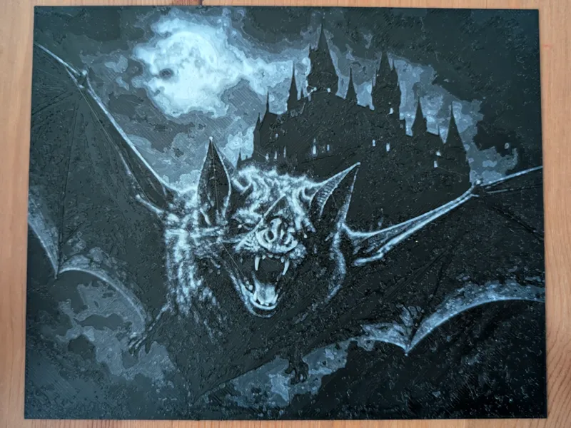 Vampire bat and spooky castle hueforge