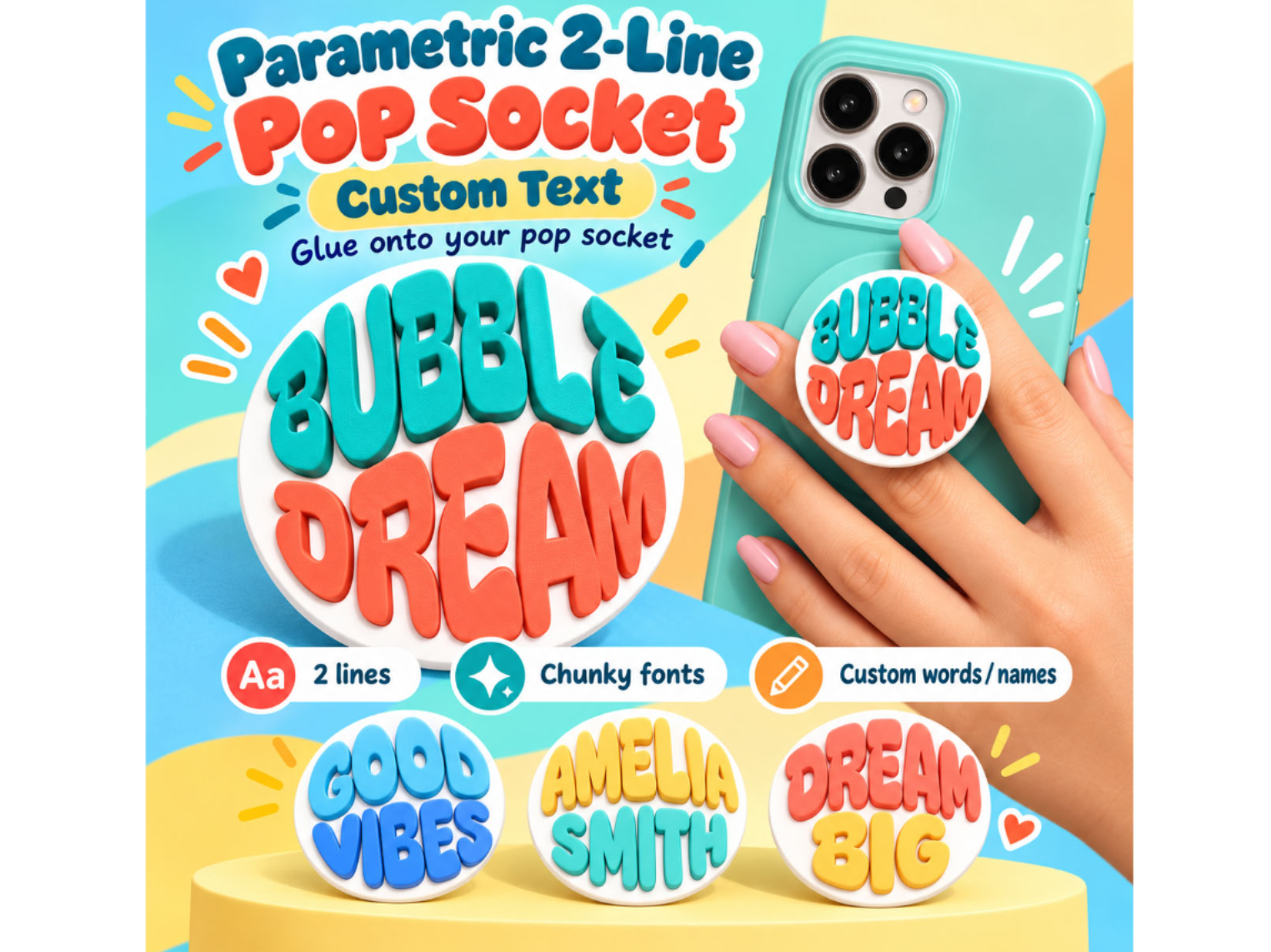 Parametric 2-Line Text Pop Socket Topper Name - 1