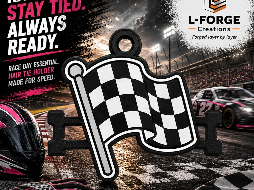 Accesorio para sujetar ligas de cabello: Racing Checkered Flag Hair Tie Holder Keychain. Referencia del modelo original.