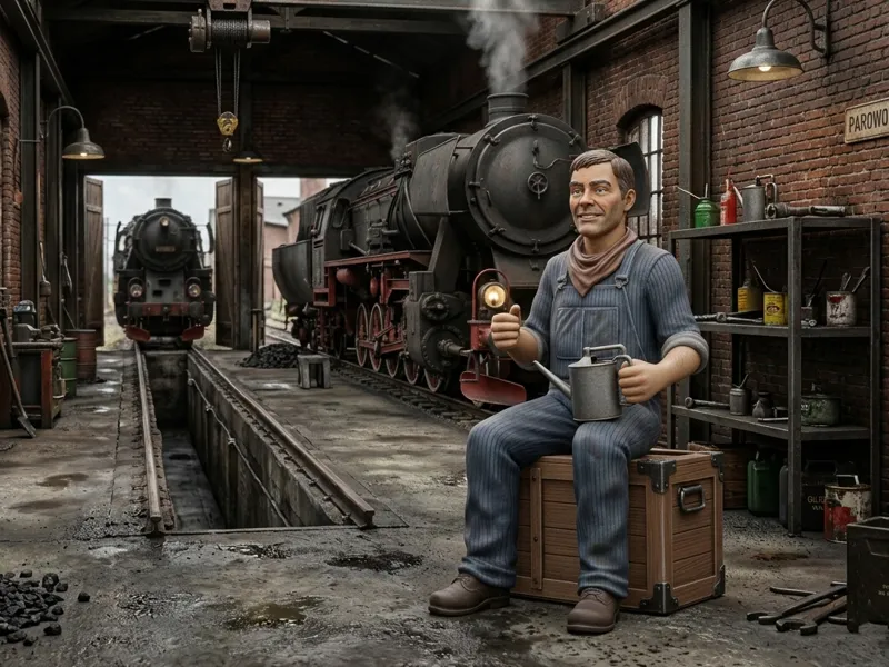 Train driver with an oil can