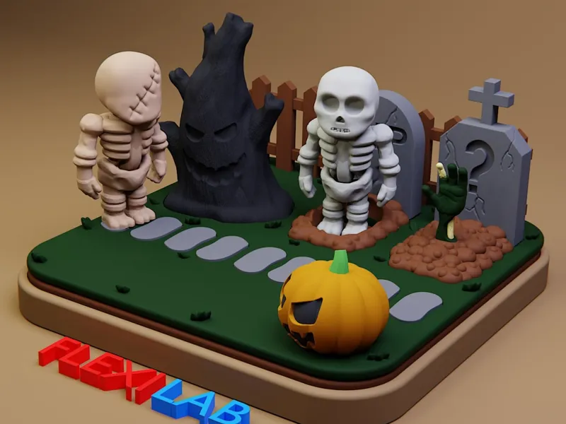 Halloween Diorama mit Flexi Skelett und Kürbis
