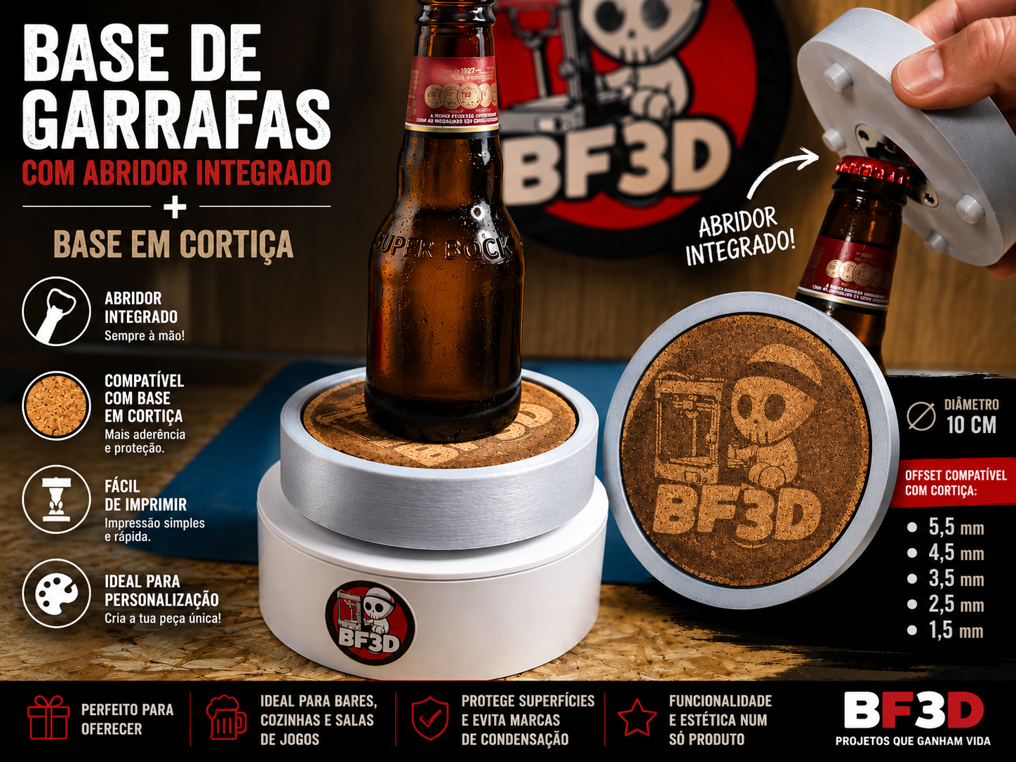 Base de Garrafas com Abridor Integrado e Cortiça