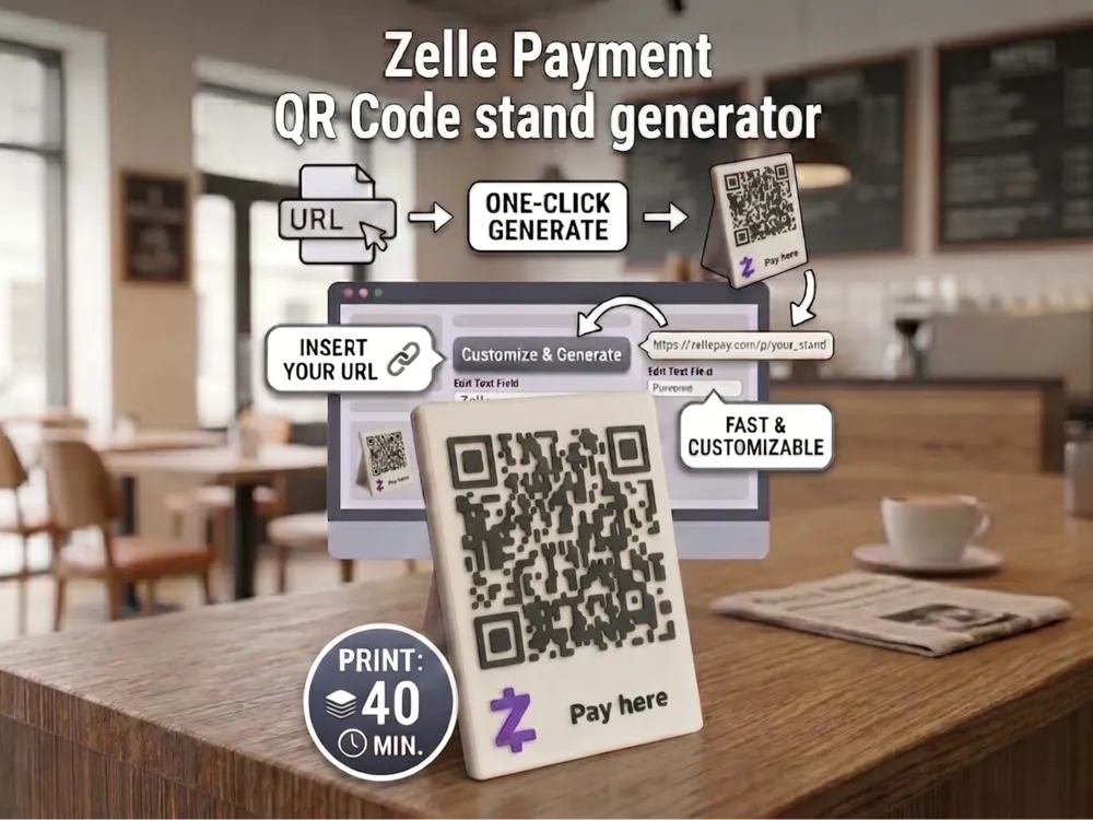 Soporte: Parametric Zelle payment QR Code Stand. Referencia del modelo original.
