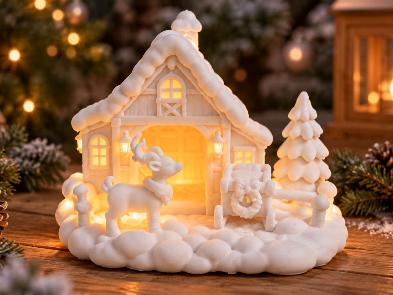 Verschneites Weihnachtshaus mit Rentier - 1