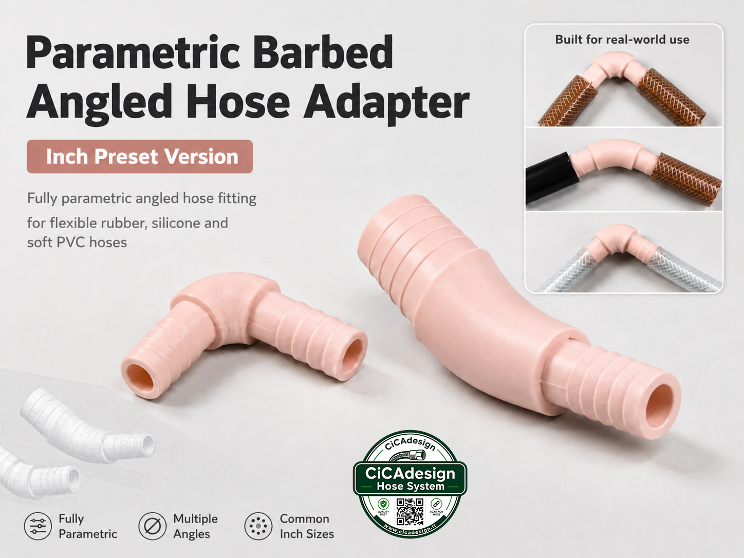 Parametric Angled Barbed Hose Adapter–Inch presets