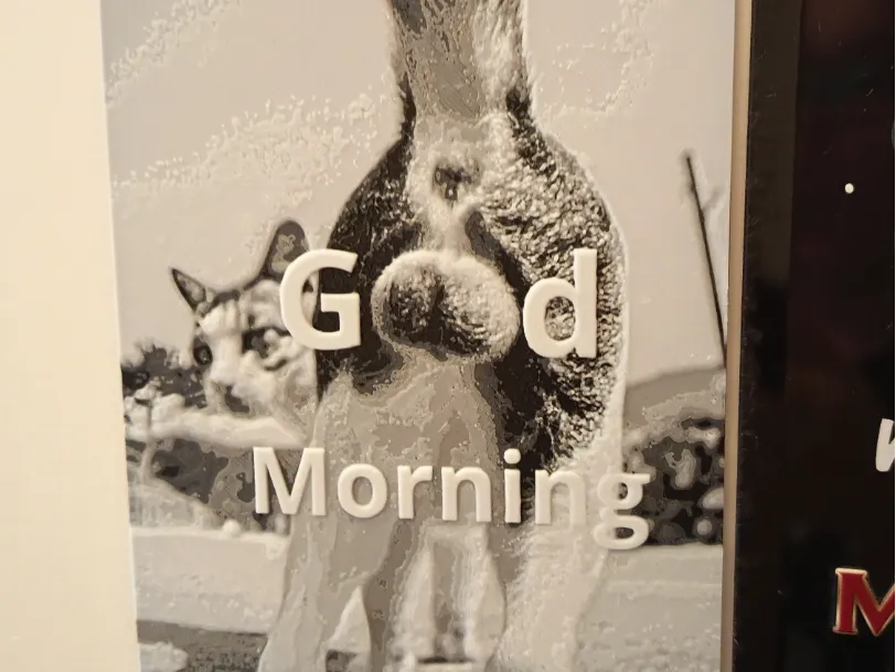 Cuadro decorativo en 3D: Good Morning Fun Cat Hueforge. Referencia del modelo original.