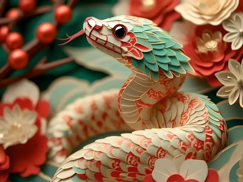 蛇年立体剪纸浮雕画《金蛇献瑞》