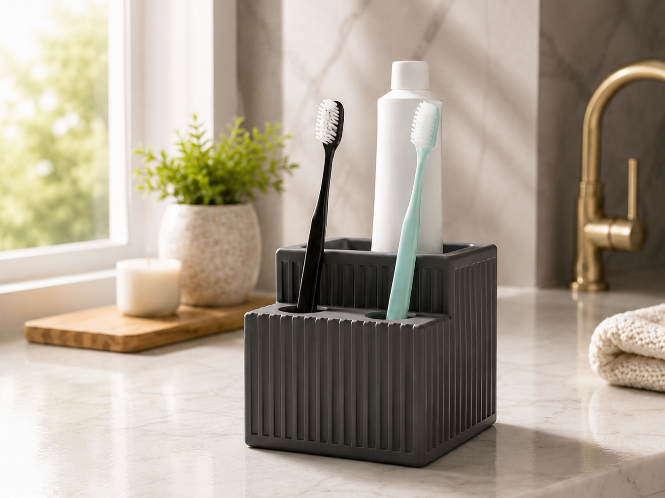Ribbed Japandi Toothbrush & Toothpaste Holder