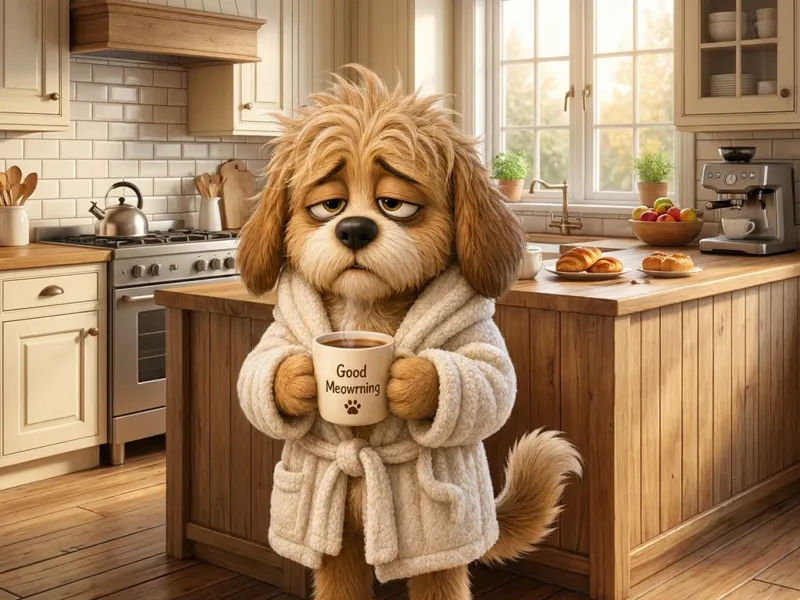 Male Sleepy Dog Drinking Coffee