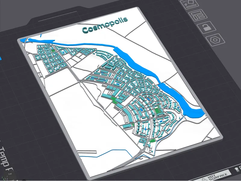 Cosmopolis 3D elevation map with buildings