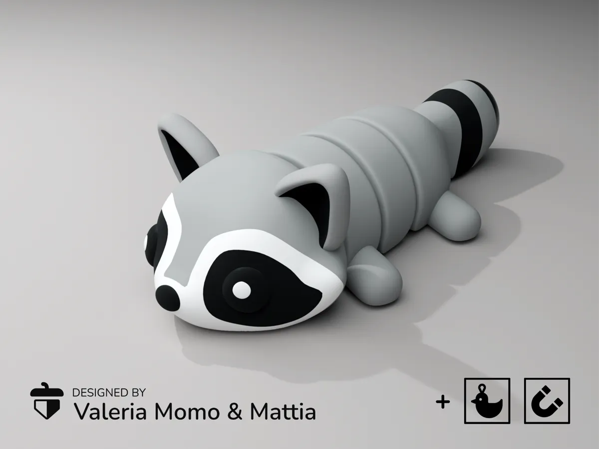 Cute Flexi Pets Raccoon (Keychain & Magnet) by Valeria Momo & Mattia MakerWorld: Download Free 3D Models - 3D model önizlemesi