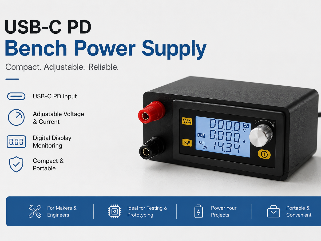 Mini Adjustable USB-C Lab Power Supply - Portable
