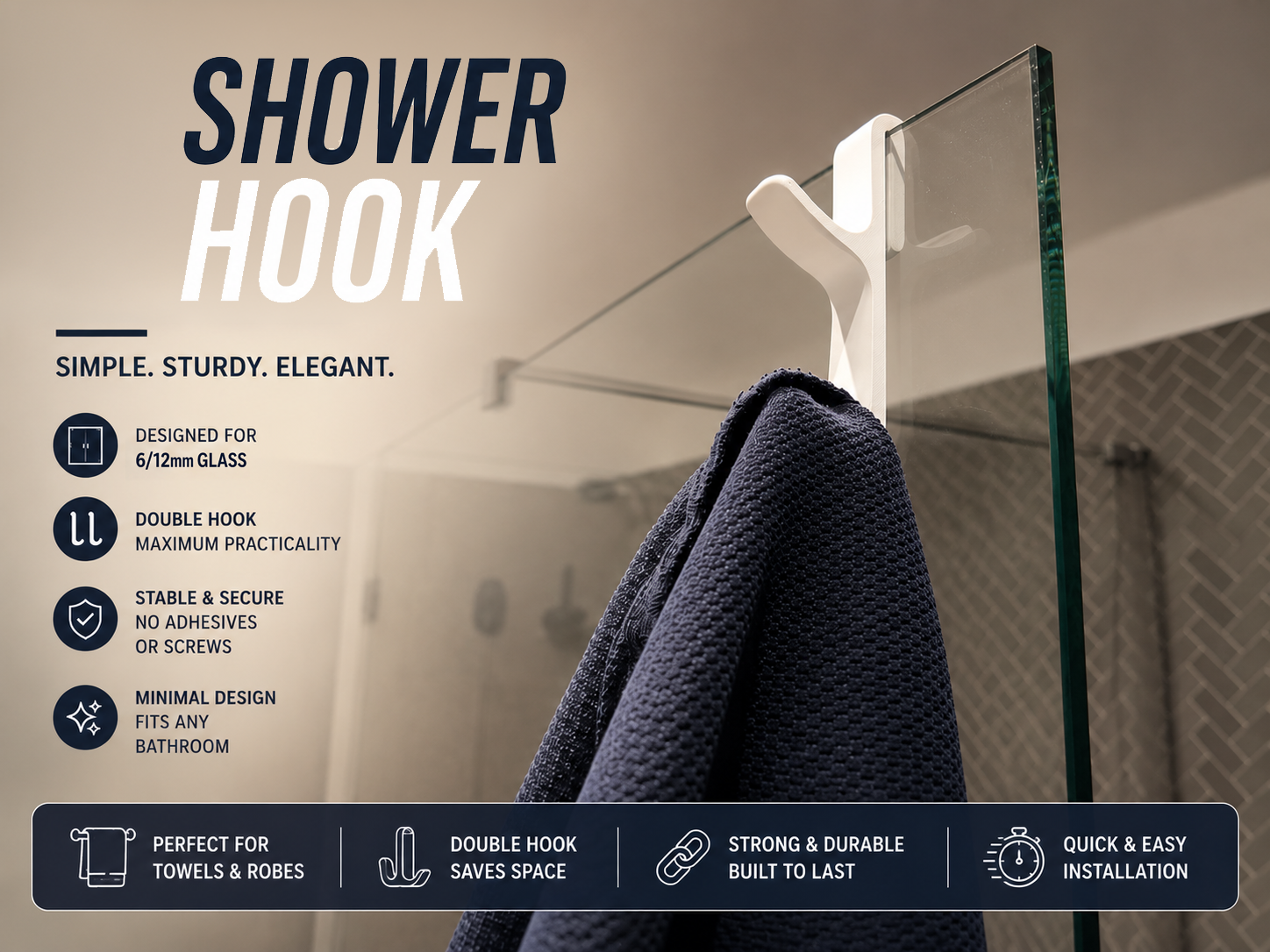Glass Shower Hook Towel & Robe Holder No Drill