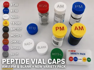 Peptide Vial Caps- AM/PM & Blank + Variety Pack 