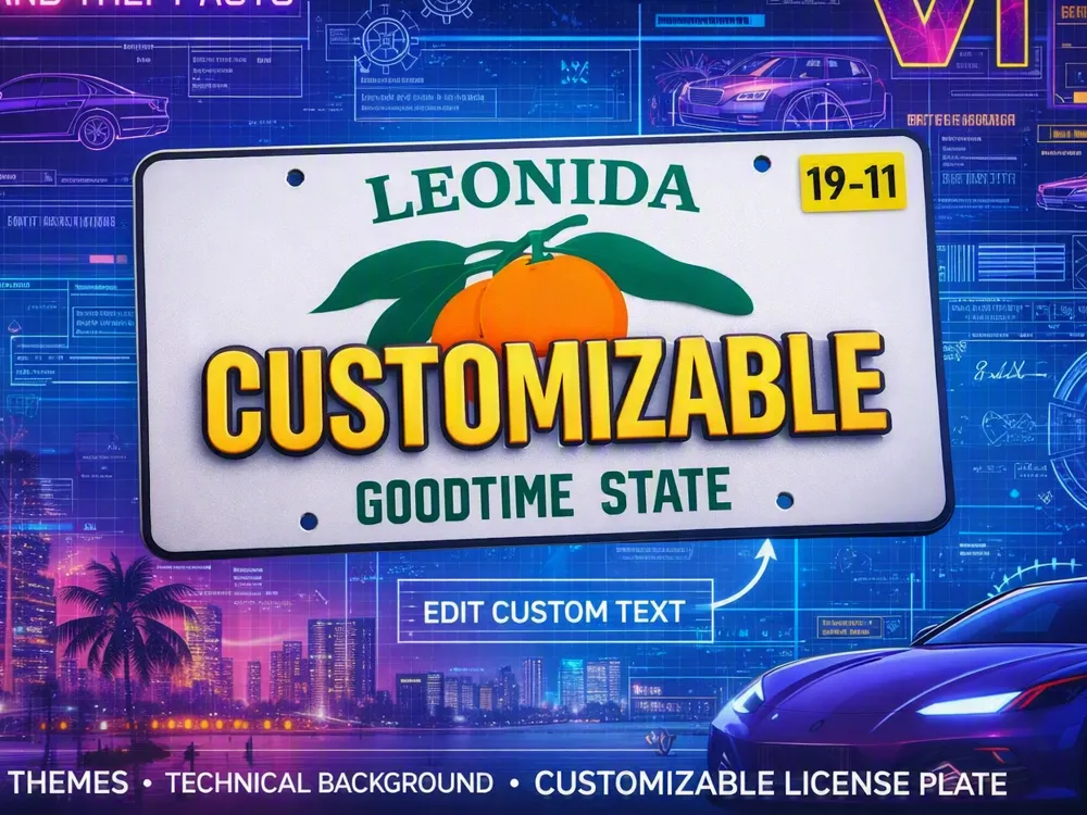 Modelo para impresión 3D: GTA 6 License Plate Customizable Leonida Vice City. Referencia del modelo original.