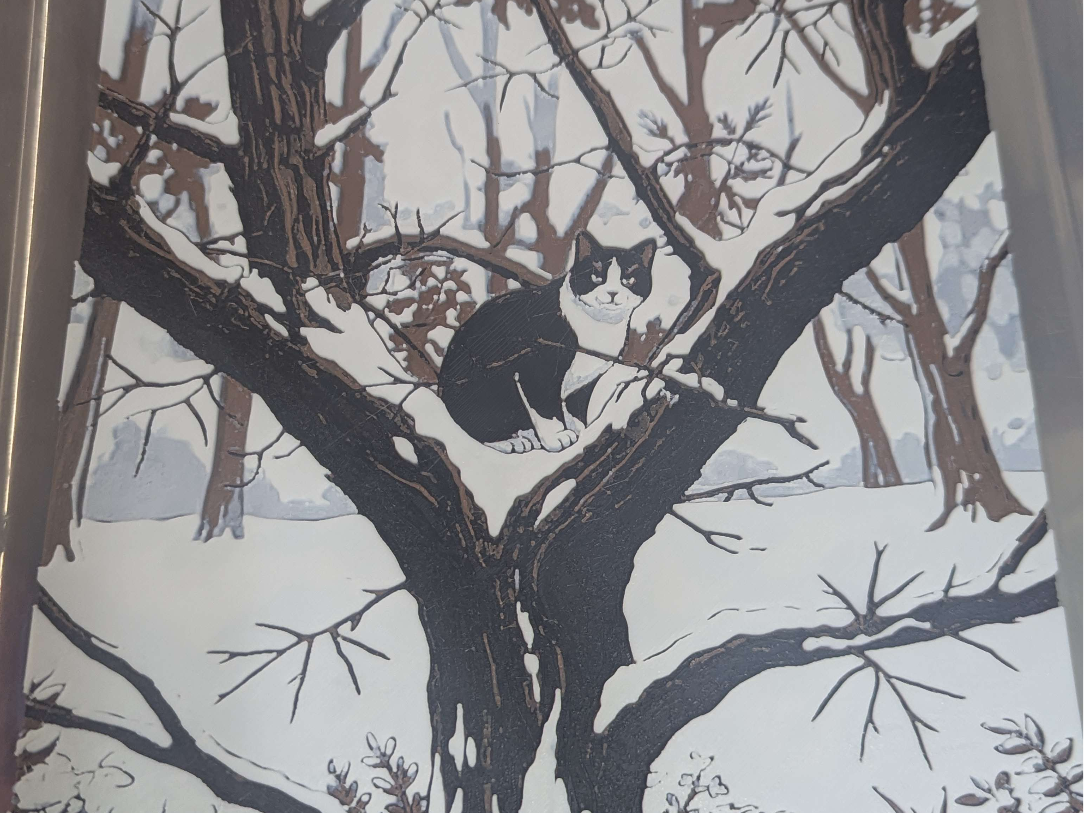hueforge chat dans une arbre enneigé