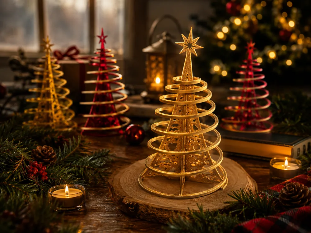 Letrero o emblema decorativo: Magical Spiral Christmas Tree - Easy Assembly. Referencia del modelo original.