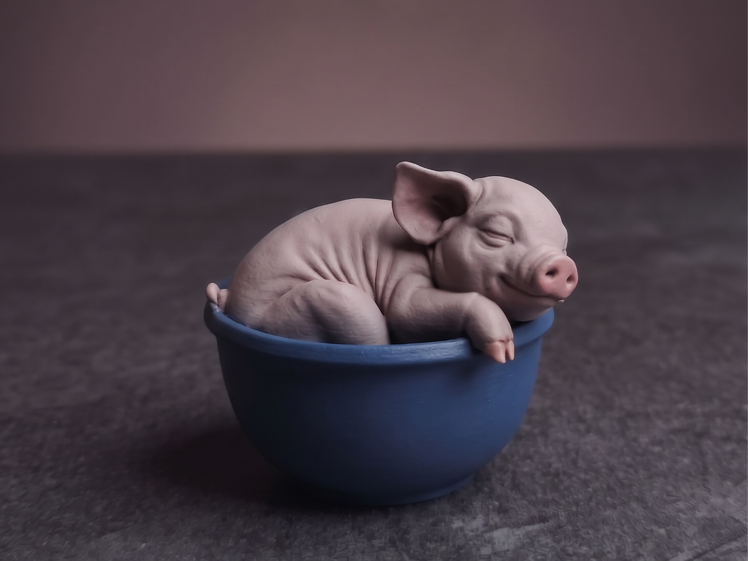 Sleeping Little Piglet in a Bowl - Ultra Detailed 3D model