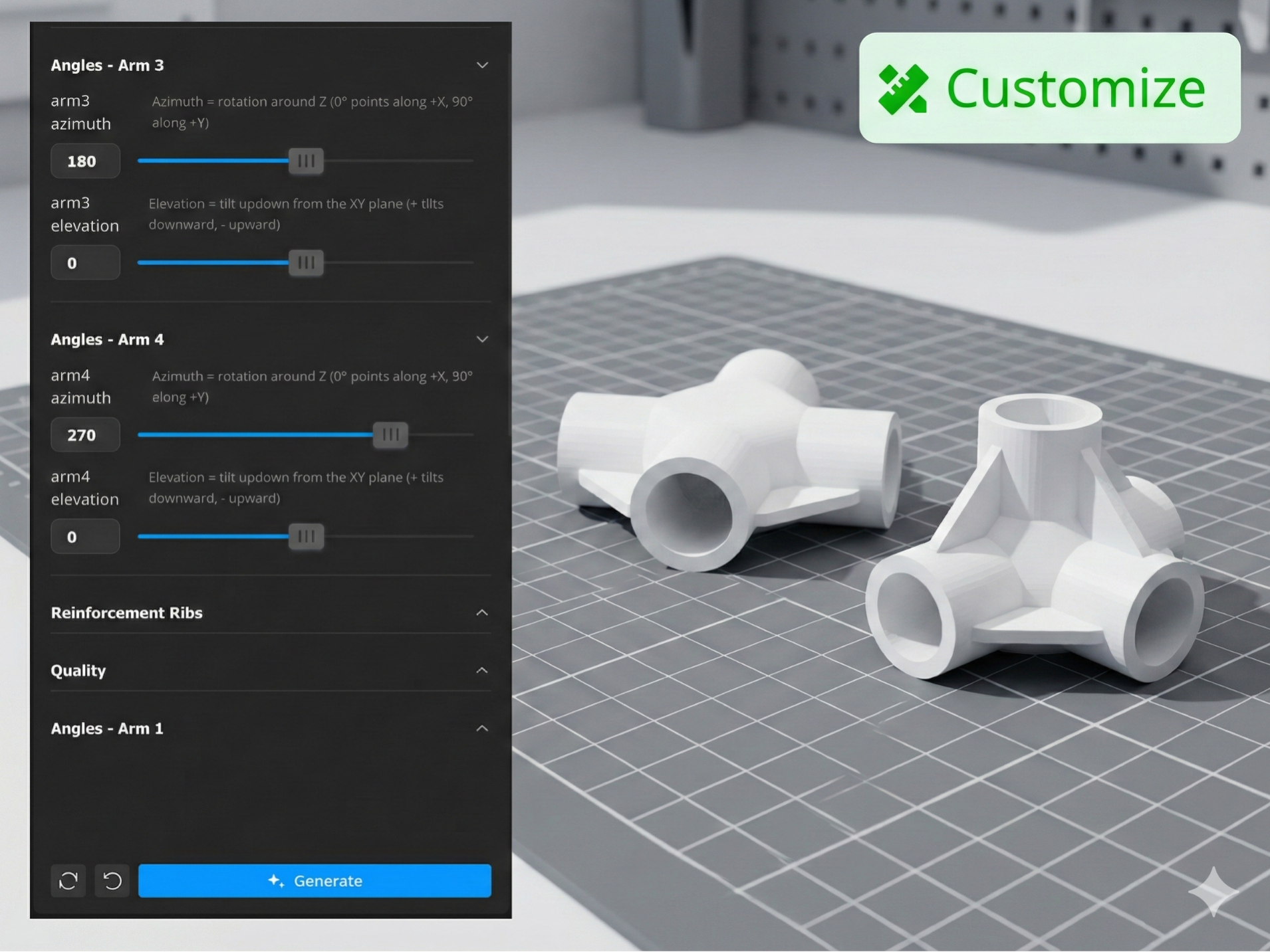 Any Angle Customizable Pipe/Rod 4-Way Connectors 