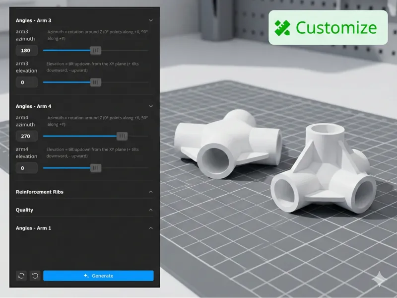 Any Angle Customizable Pipe/Rod 4-Way Connectors 