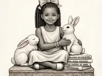 Menina de laço, coelhos e livros