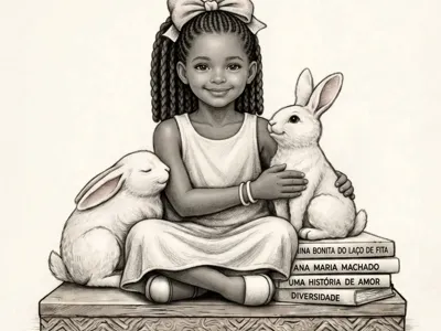 Girl with a bow, rabbits, and books
