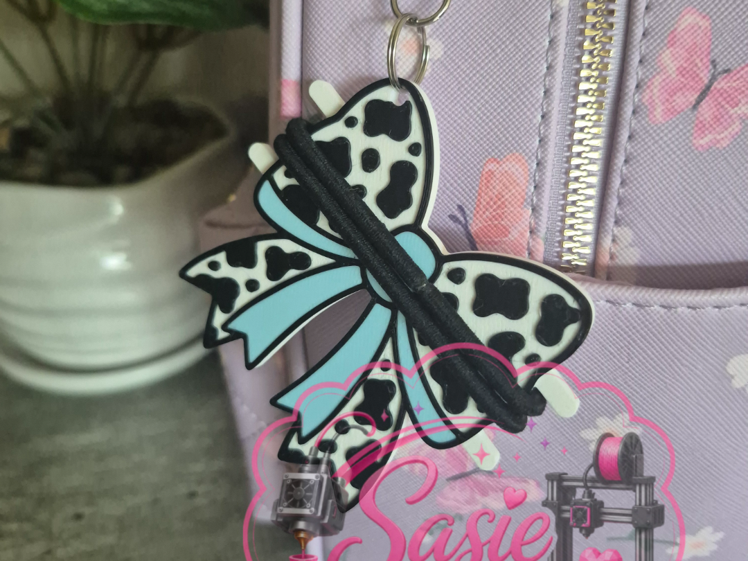 Cow Print Bow Hair Tie Holder Keychain - 1