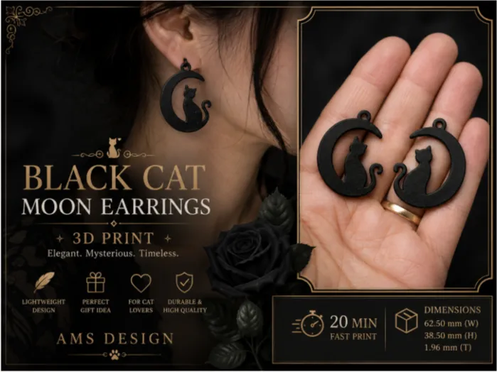 Pendientes: Black Cat Moon Earrings – Fast Print Jewelry. Referencia del modelo original.