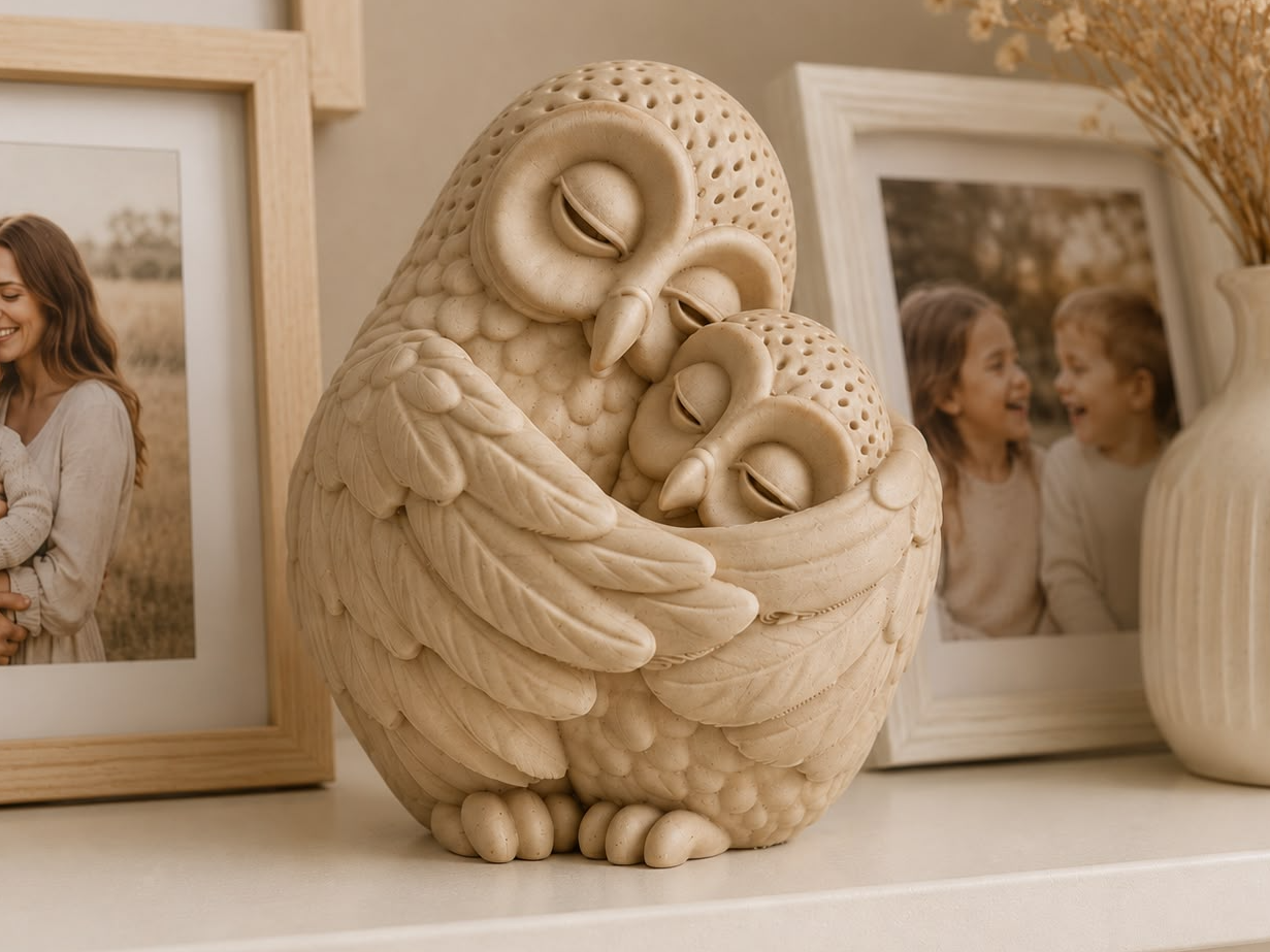 Owl Mother & Baby Embrace Sleeping Owl Family Cute