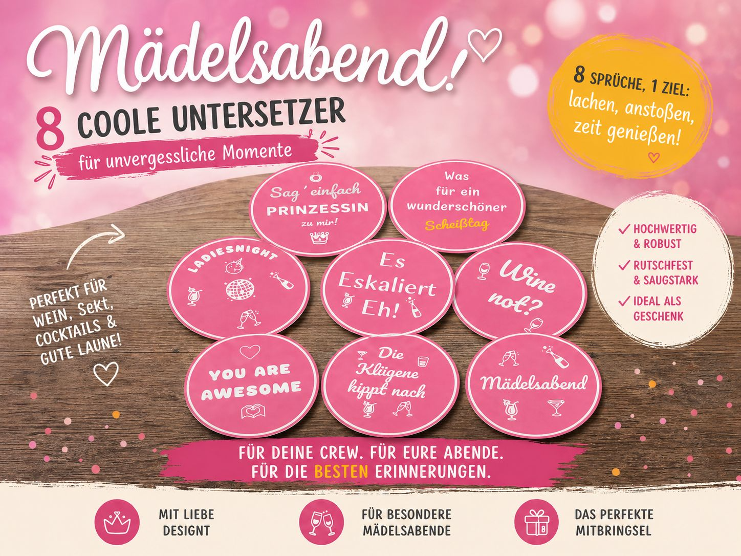 Untersetzer Set Mädelsabend 8 Stück mit Halter  