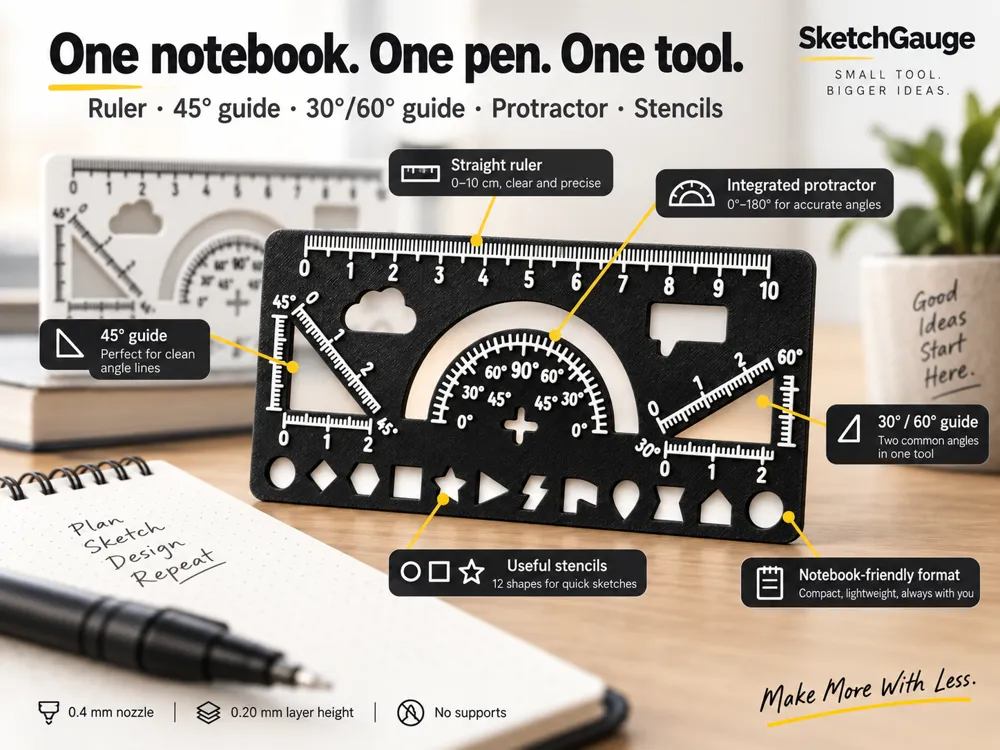 Mini Ruler Print SketchGauge – Notebook Ruler, Protractor & Stencil - Free 3D Print ...