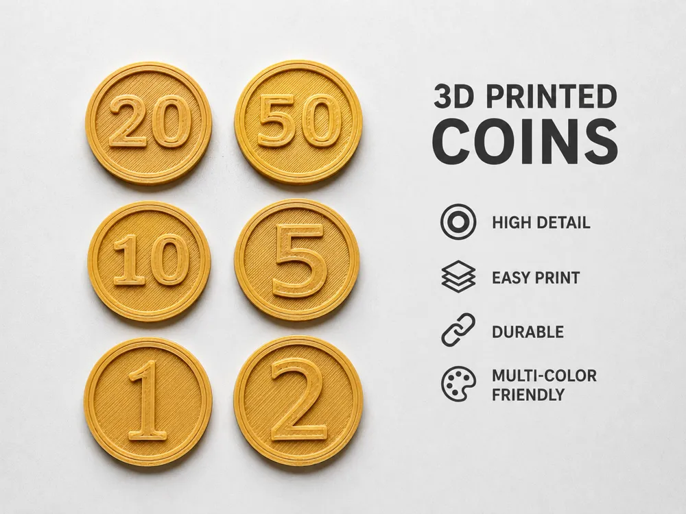 Modelo para impresión 3D: 3D Printed Coins – 1, 2, 5, 10, 20 & 50. Referencia del modelo original.
