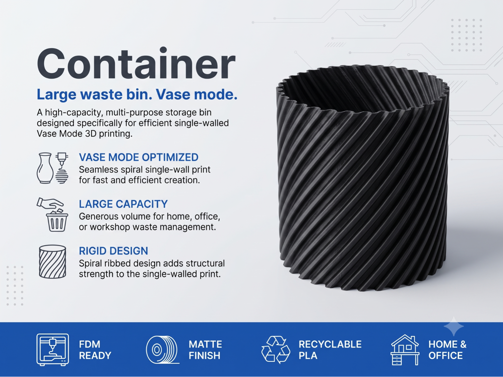 Large Spiral Vase Mode Waste Bin | Trash Can