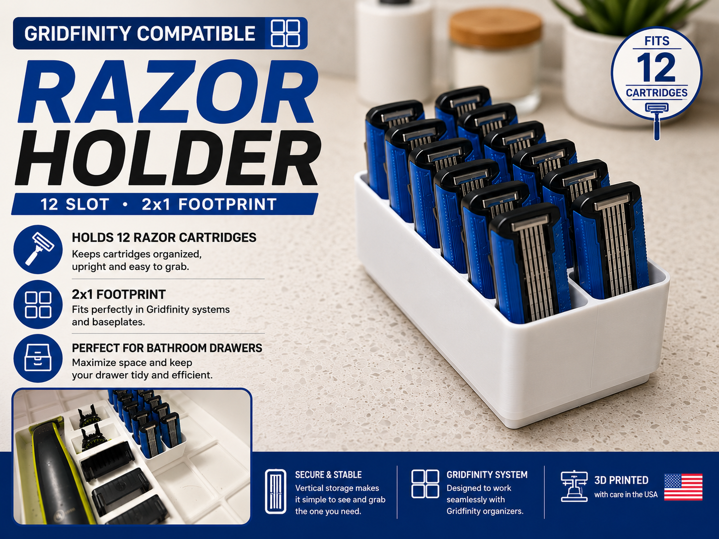 Gridfinity Disposable Razor Holder (12 Slot, 2x1)