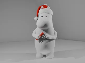 Moomintroll with a santa hat holding a knife