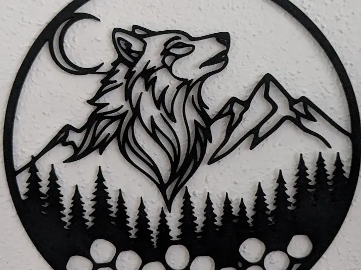 Wolfs Silhouette Berg und Wald - 3D-Druck Wandbild