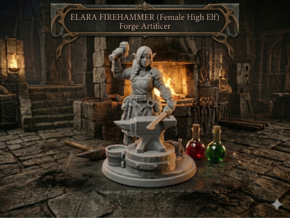 "Elara Firehammer" female elven  Artificer (Forge)