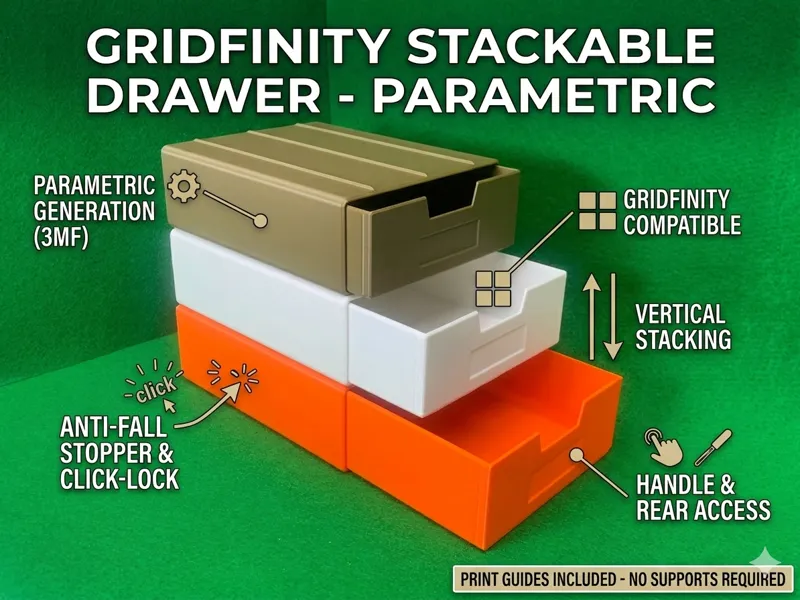 Gridfinity Stackable Drawer System - Parametric