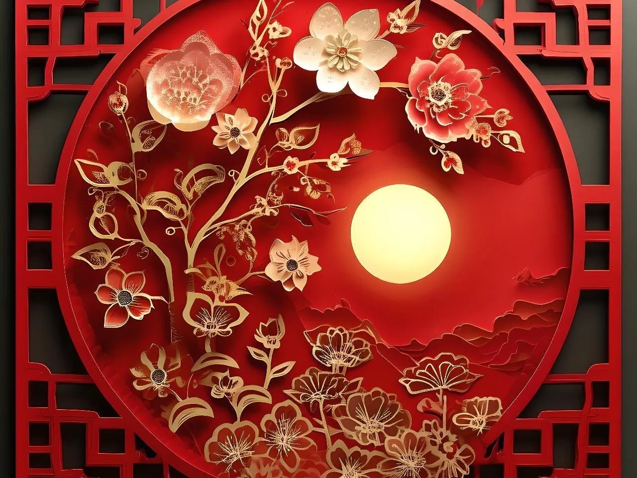 中国传统窗花立体剪纸浮雕画《花好月圆》