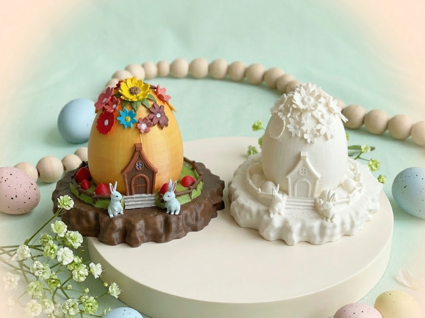 Easter Egg House Flowers and bunnies - colorable
