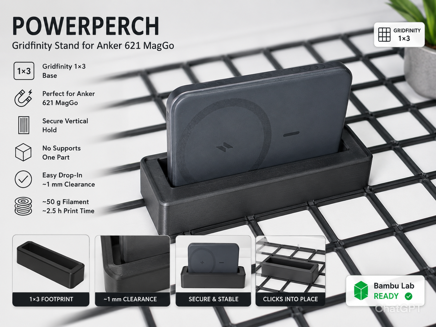 Gridfinity Stand for Anker 621 MagGo Power Bank 