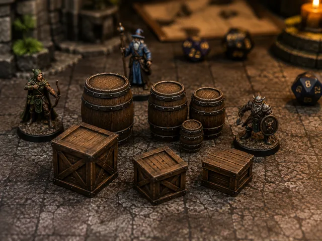 Set di barili e casse fantasy scenografie per D&D
