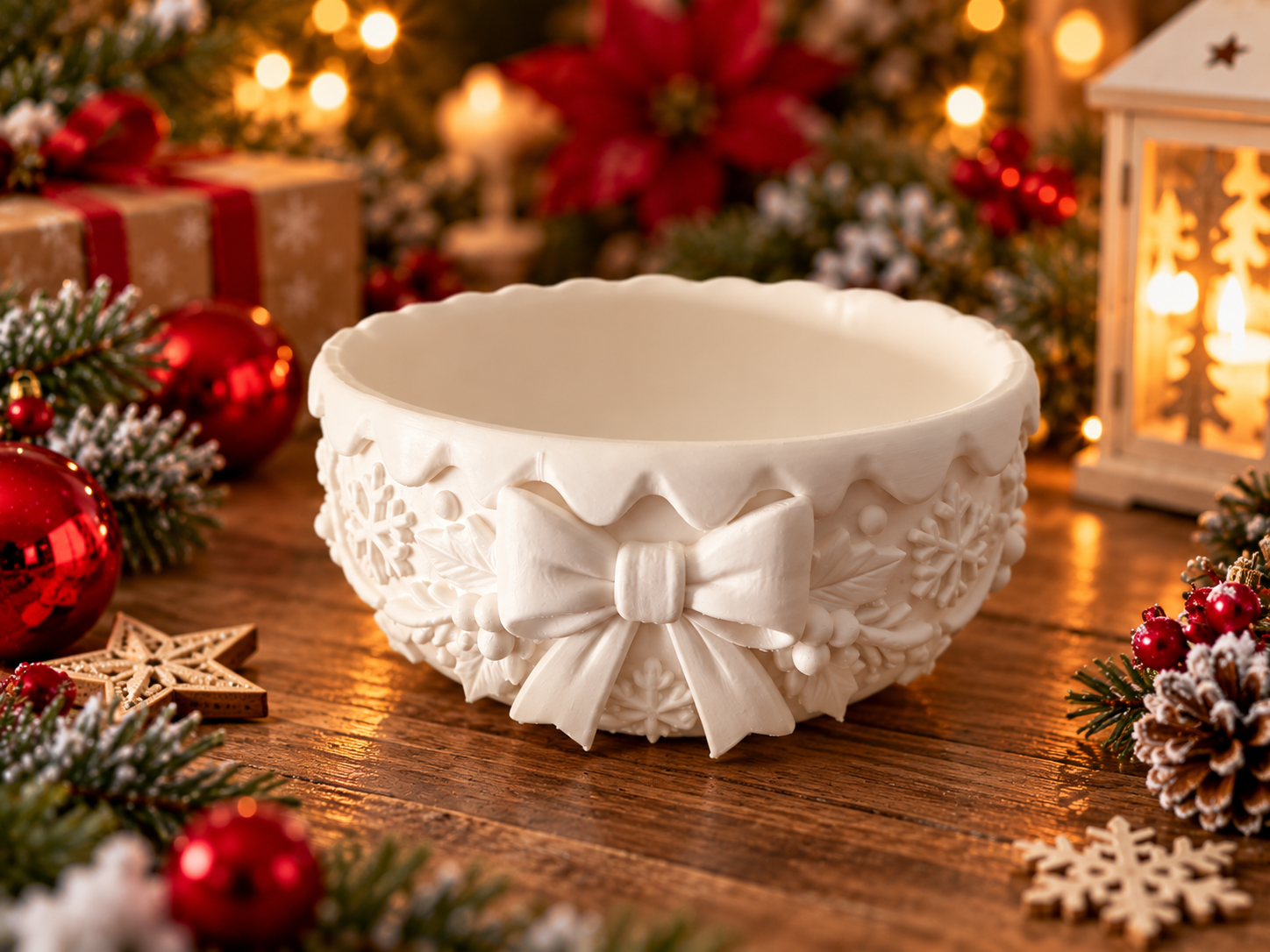 Christmas Bowl with Bow and Winter Decorations - 1