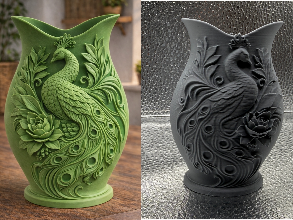 Peacock Relief Vase Elegant Floral Nature Art Deco