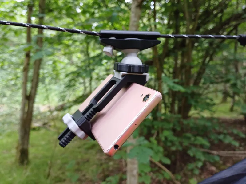 Phone holder for hammocks, tents, rope lines