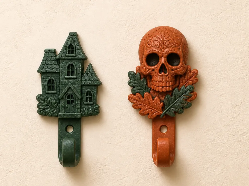 Adorno temático: Halloween Wall Hooks – Haunted House & Skull Set. Referencia del modelo original.